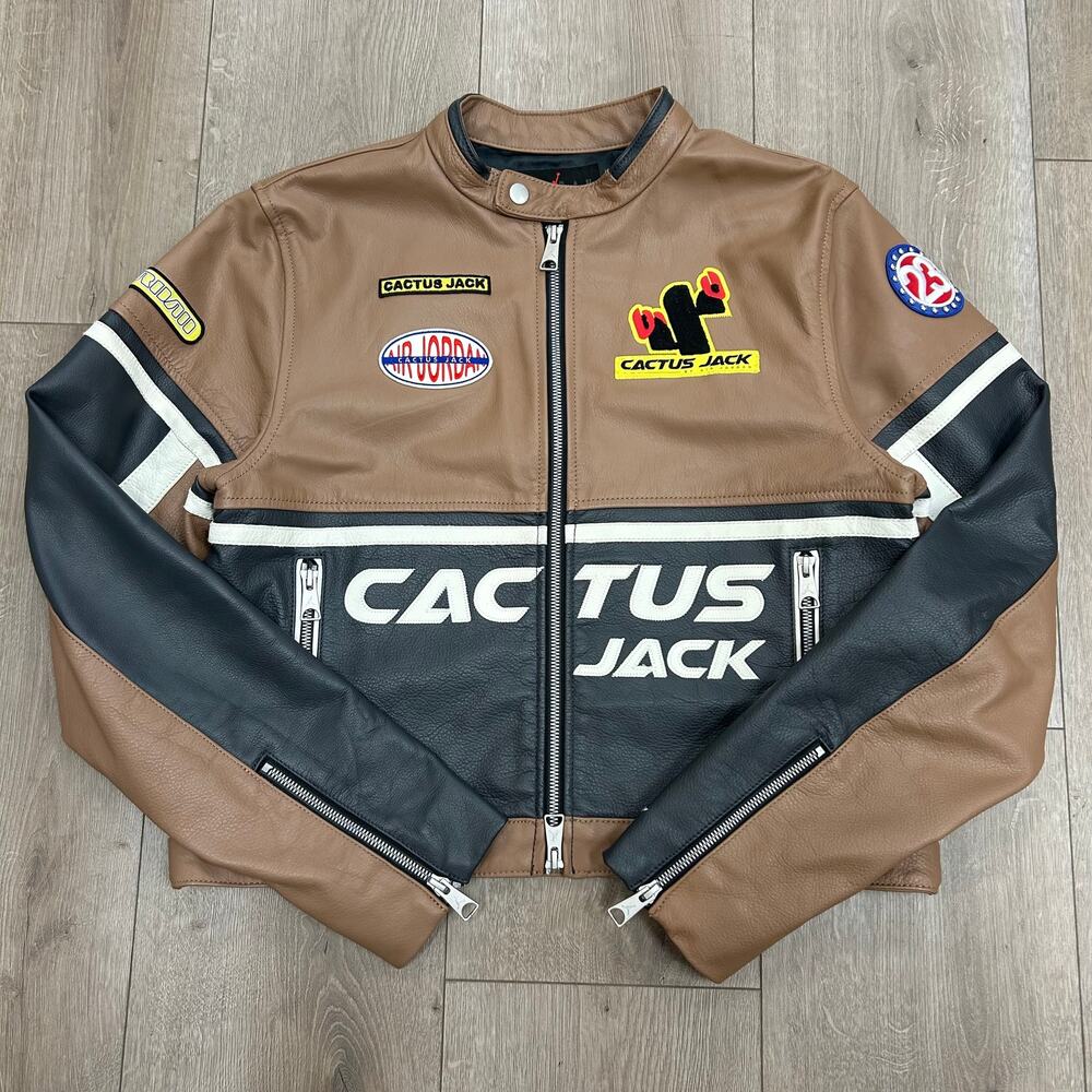 Women's Jordan x Travis Scott Cactus Jack Leather Jacket Archaeo Brown Medium SF